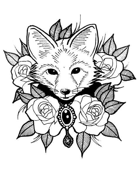 Fox and roses - Fox Coloring Pages for adults