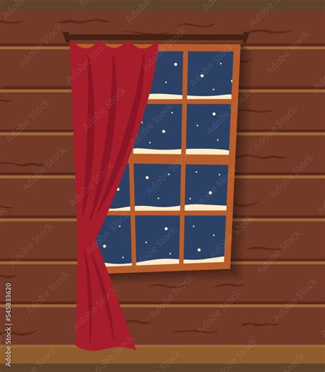 Window in wooden house. Night view and snow. Vector illustration. Stock ...