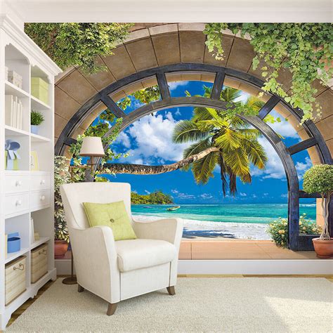 3D Window Beach Palm Tree Self-adhesive Living Room Wallpaper Wall Murals Decor | eBay