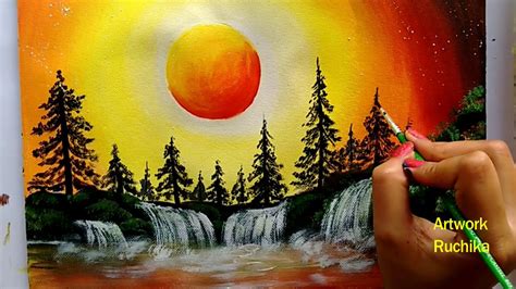 Mountain Beginner Sunset Watercolor Painting - Watercolor Painting Of Sunset Landscape Of River ...