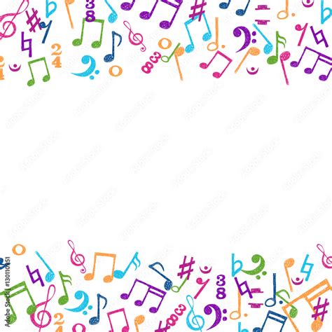 Hand drawn colorful notes ornament border isolated on white background. Vector music background ...