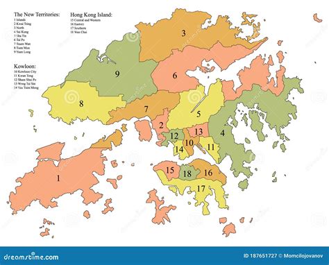 Pastel Colored Labeled Map Of Districts Of Hong Kong Special Administrative Region Cartoon ...