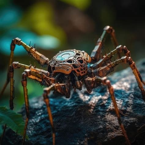 Premium AI Image | Spider macro photography of a steampunk spider in nature