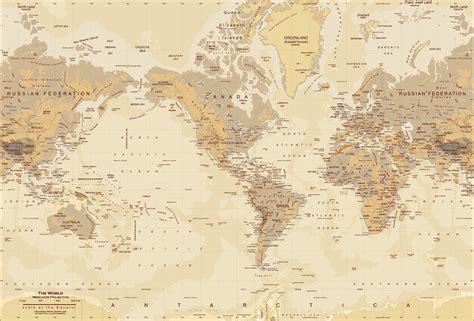 Tan World Map Map Wall Mural | World map wallpaper, Antique world map ...