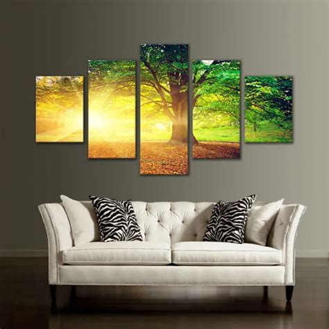 5 Panel Picture Golden Sunshine Forest Tree Landscape Painting Wall Art ...