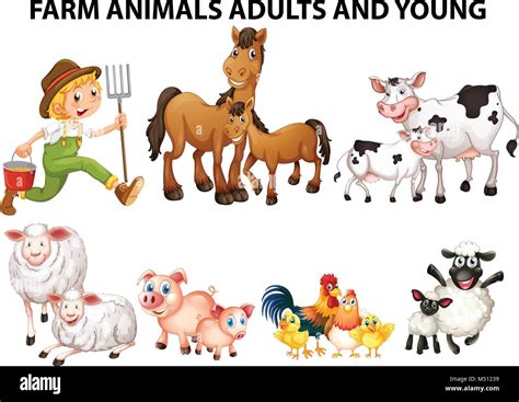 Different types of farm animals with adults and youngs illustration ...