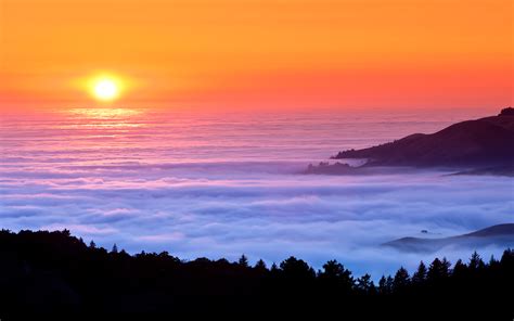 Sunset fog over sea mountains wallpaper | 2880x1800 | #32141