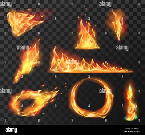 Realistic fire flame elements. Burning effects of fireball, circle, torch and wildfire. Flare ...