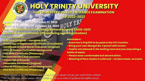 HOLY TRINITY UNIVERSITY 2nd TRIMESTER COLLEGE ENTRANCE EXAMINATION AY ...