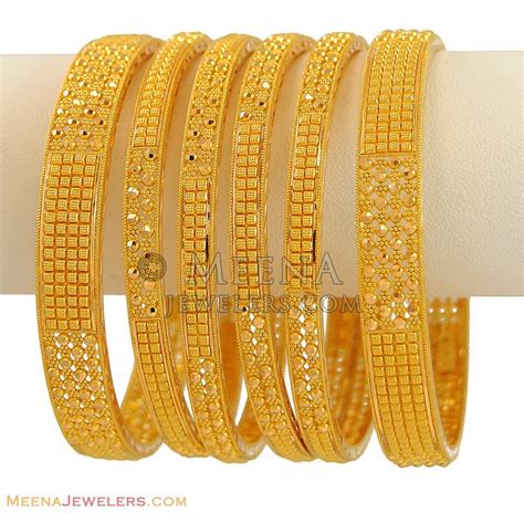 Indian Filigree Bangles Set (6 Pcs) - BaGo9477 - 22K Gold Indian bangle set with exclusive ...