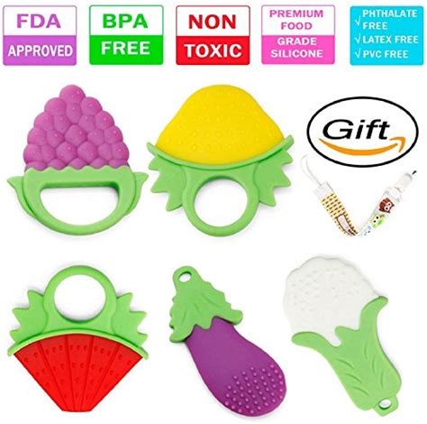 Buy Baby Teething Toys, BPA Free Natural Freezer Soft Silicone Fruit Vegetable Teethers Set with ...