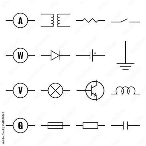 Set of electronic components for circuits and motherboards. Vector electric symbols, resistor ...