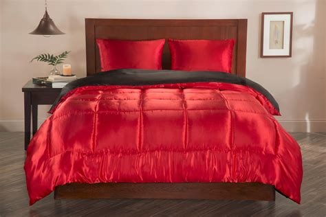 Luxury Satin Reversible 3PC Comforter Set, Full/Queen, Black/Red ...