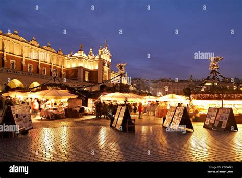 Eastern Europe Poland Krakow Christmas Market Cloth Hall Main Square Night December 2011 Stock ...