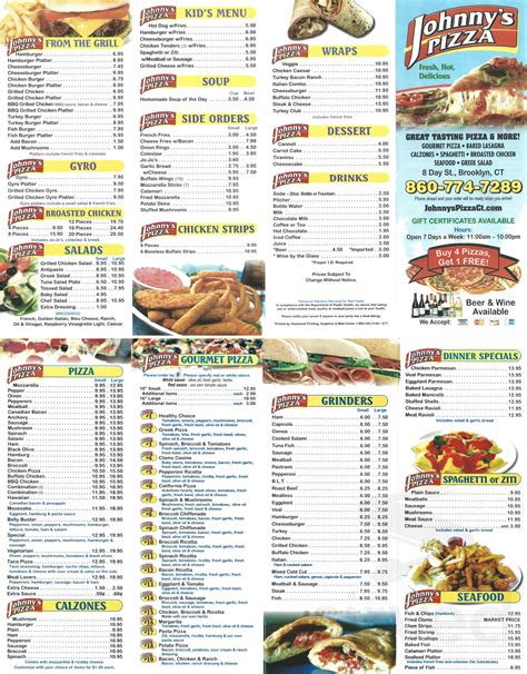 Johnny's Pizza menu in Brooklyn, Connecticut, USA