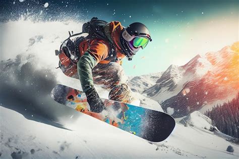 Premium Photo | Flying snowboarder on mountains Extreme winter sport generative ai