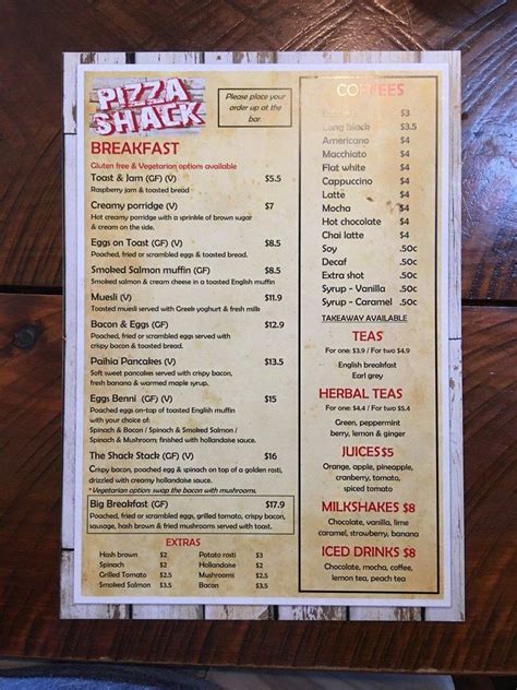 Menu at PIZZA SHACK pizzeria, Paihia