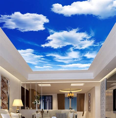 Custom ceiling wallpaper, blue sky and white clouds murals for the living room apartment ceiling ...