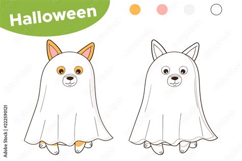 Halloween coloring page for kids. Cute cartoon dog dressed up as a ghost. Vector illustration ...