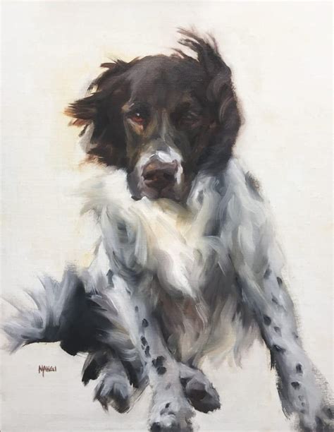 a painting of a dog jumping in the air with his paws on its hind legs