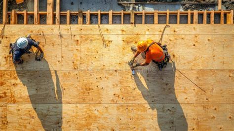 Two Construction Workers on Plywood Sheathing during Roof Framing Stock Illustration ...