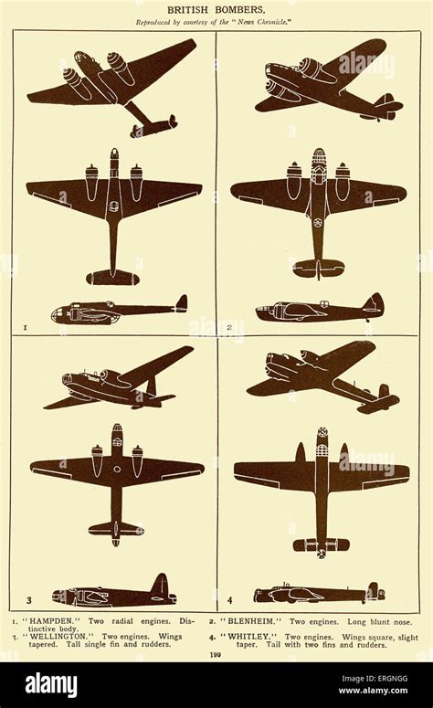 WW2 - British Bombers. Diagrams of Hampden, Blenheim, Wellington and Whitley bombers Stock Photo ...