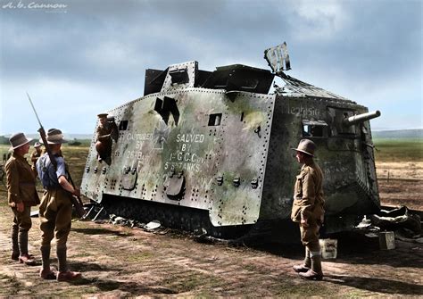 102 year old image of Australian Troops capturing a ruined German tank in WWI (Colorized by me ...