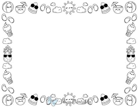 Printable Landscape Black And White Kawaii Summer Page Border