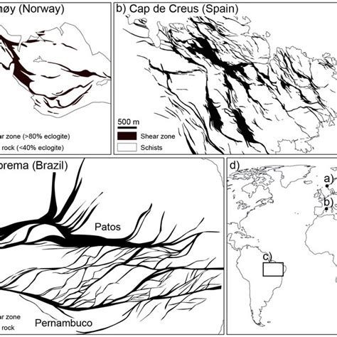 Outcrop examples of shear zone networks from: a) Holsnøy, Norway... | Download Scientific Diagram