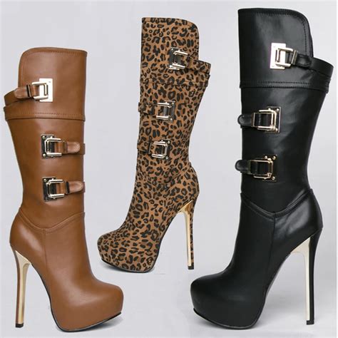 New 2015 Women's 14cm Platform High Heels Boots Brown Black High Heels Belt Boots Plus Size 10 ...