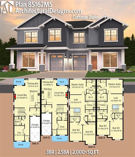 Plan 85162MS: 6-Bed Craftsman Duplex with Main Level Dens and 1-Car ...