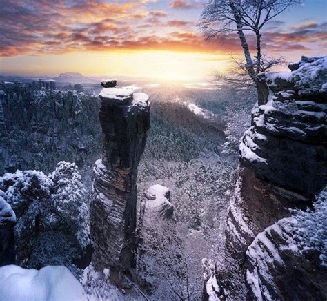 winter, Sunset, Forest, Cliff, Snow, Nature, Landscape, Germany, Clouds, Trees, Mountain ...