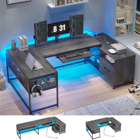 L Shaped Computer Desk with LED Light, Reversible U Shaped Gaming Desk with File Drawer and ...