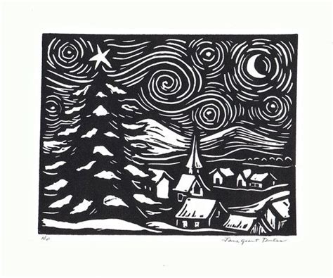 linoleum block prints | Vincent's Starry Night | Sgraffito ... Print Christmas Card, Christmas ...