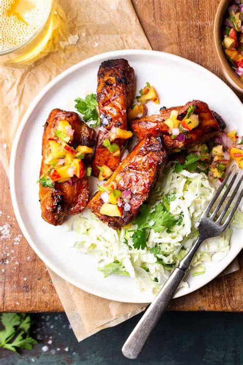 Grilled BBQ Boneless Pork Ribs with Peach Pico de Gallo & Cabbage Slaw - Modern Farmhouse Eats