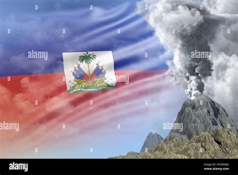 conical volcano blast eruption at day time with white smoke on Haiti flag background, troubles ...