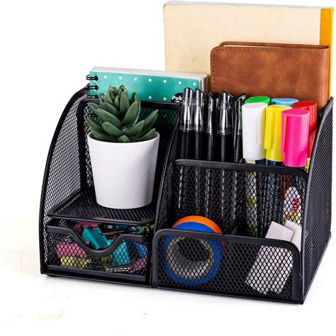 Mesh Office Supplies Desk Organizer, 6 Compartments plus drawer, Black - Walmart.com - Walmart.com