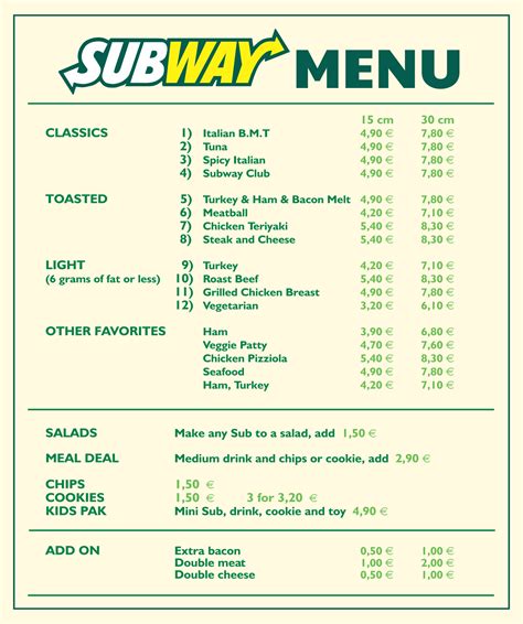 Subway Printable Menu Pdf 2023