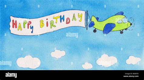 Airplane pulling happy birthday banner Stock Photo - Alamy