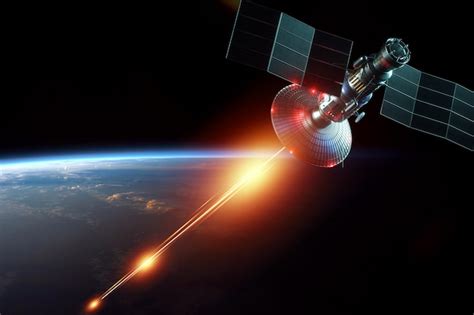 Premium Photo | Space military satellite, a weapon in space shoots a laser against the wall of ...