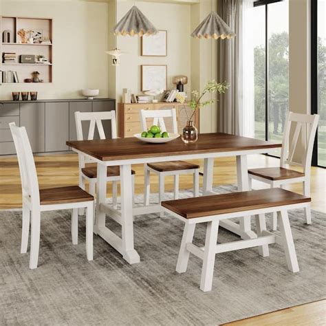 Clihome 6-Piece Walnut+White Farmhouse Style Wood Dining Table Set Kitchen Table Set with Long ...