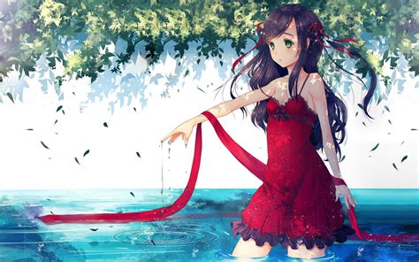 red Dress, Water, Leaves, Anime, Anime Girls Wallpapers HD / Desktop and Mobile Backgrounds