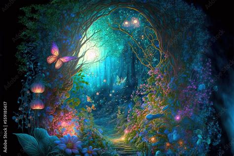 Fantasy fairy tale background. Fantasy enchanted forest with magical luminous plants, built ...