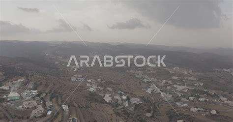 Residential houses in the Abha Mountains, drone photography of natural mountain peaks and ...