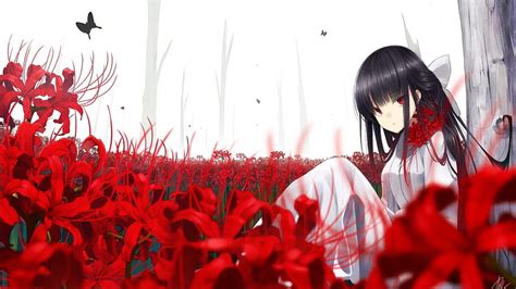 Red Eyes, Anime Girl, Butterfly, Flowers, Black Hair, anime red banner ...