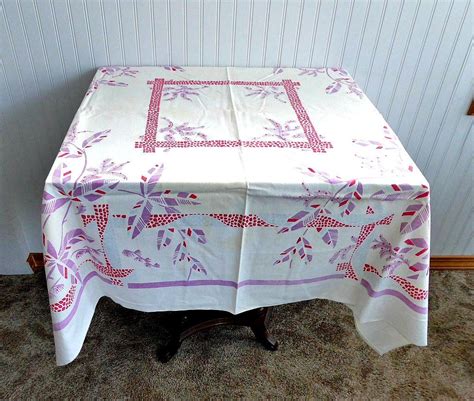 Tablecloth Vintage Linen 45 Inches Square Retro Palms Purple Red 1950s ...