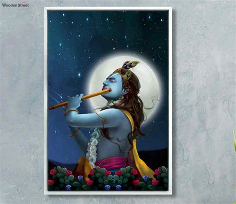 Buy Lord Krishna Playing Flute With Moon Wall Painting Online in India at Best Price - Modern ...