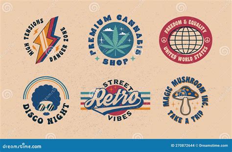 Set of Retro Groovy Logos. Cannabis, Disco, Mushroom, Thunderbolt Emblems Stock Vector ...