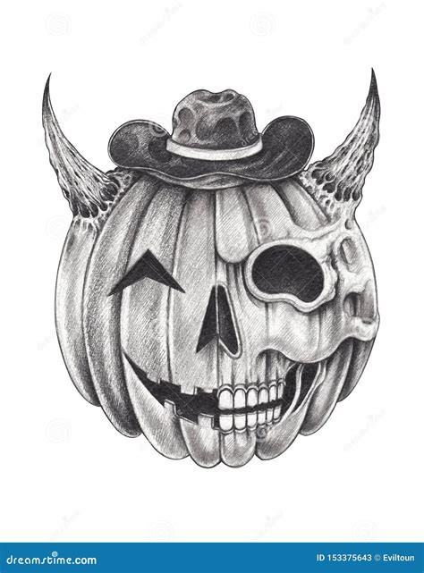 Art Surreal Devil Pumpkin Skull Tattoo. Stock Illustration ...