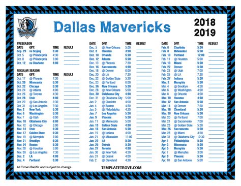 Printable 2018-2019 Dallas Mavericks Schedule